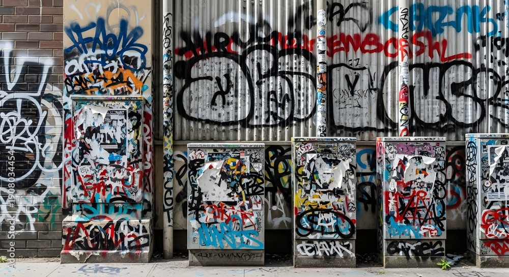 Fototapeta premium Multicolored graffiti and peeling posters adorn urban wall and rectangular utility boxes, showcasing street art