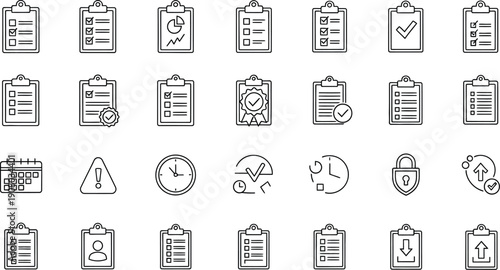 Collection of management and planning icons featuring various clipboard checklists quality assurance time tracking and security symbols for organization projects