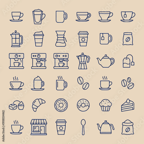 Cafe Icons Set: Coffee, Tea, Bakery, and Equipment Line Art