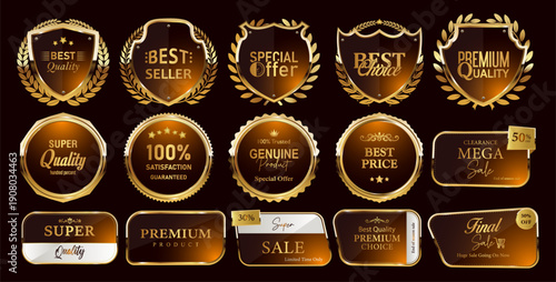 Gold shield icon, logo, security badge, vector design.Best seller, best quality product vector badges. Luxury gold, Silver, bronze, black and gold circle labels, sign, seal, symbol, stamp, sticker