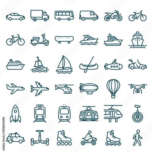 Set of various transportation vehicles and travel modes line icons
