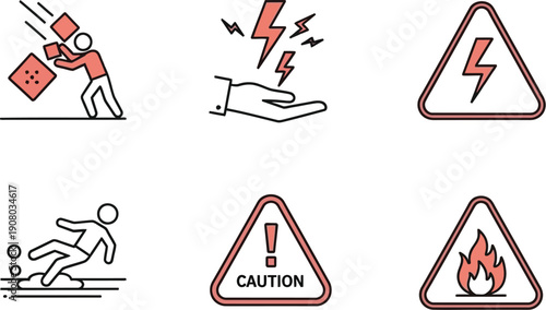 Collection of industrial safety icons illustrating risks like falling objects electrical hazards slippery floors and fire danger warnings