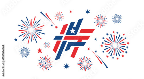 4th of July patriotic firework vector illustration, American flag colors, star spangled banner theme, festive explosion design elements, for banner or poster