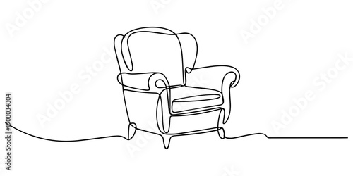 One continuous line drawing of a classic wingback armchair, isolated on continuous one line art of vector illustration, Continuous Line Drawing of Modern Armchairs. Line Art. line icon-continuous line