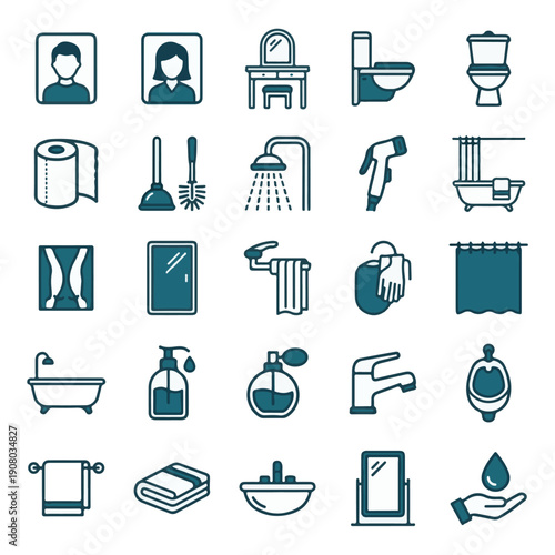 Vector line icons for bathroom, hygiene, and personal care products