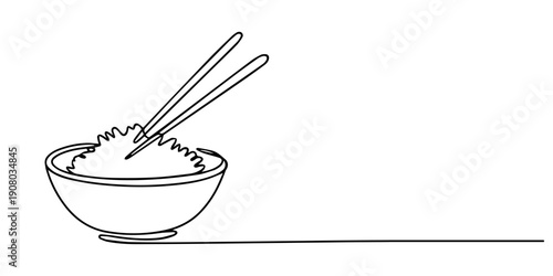One line art. one continuous line art of food in the bowl with chopsticks, Japanese chopsticks on sauce bowl, ceramic, wooden, bamboo one line art. Continuous line drawing of sushi, japanese, food.