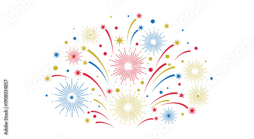 Colorful fireworks explosion with red, blue, and yellow bursts, sparks, and stars, overlay effect for celebration or party decoration, Isolated on transparent background, png