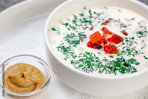 Fotografie Traditional Eastern European Fish Cold Okroshka Soup, Minimalist Style