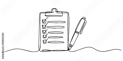 Continuous one line art drawing of clipboard with a checklist design. clipboard with a checklist one line vector illustration, clipboard and pen design. clipboard with Good Marks with pass direction.