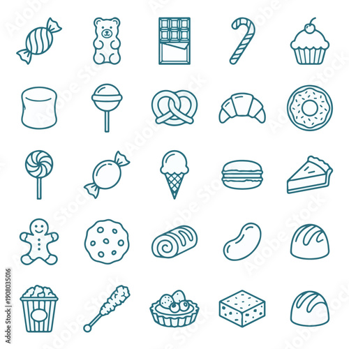 Sweet Desserts and Snacks Line Art Icons Set on White Background