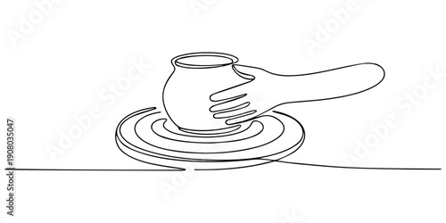 Clay Pot on Pottery Wheel for Creation continuous one line drawing, minimalist vector illustration of hands shaping a clay pot on a potter's wheel, isolated artistic line drawing of ceramic craftsmans
