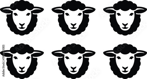 Sheep Head Silhouette Icons Set in Black with Farm Animal Logo and Mascot Design