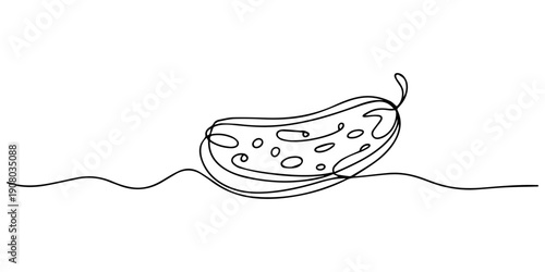 Continuous one line drawing of cucumber with slices,
depicting cool freshness and hydration, line art style vector illustration, Single continuous line drawing whole and sliced healthy organic cucumbe