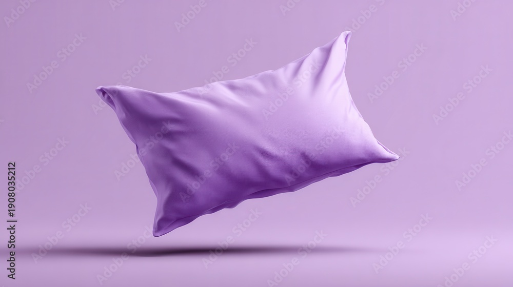 Fototapeta premium Comfortable purple pillow floating in the air against a matching solid purple background