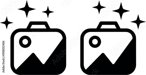 Two luggage tags with camera icons and sparkling stars on a plain background.