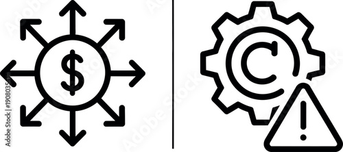 Financial transaction and copyright warning illustrated with icons