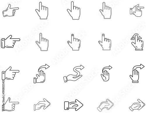 Set of various hand cursor icons representing clicks and gestures on a white background