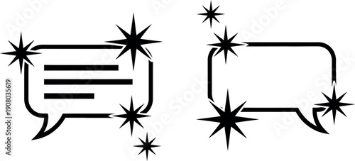 Two speech bubbles adorned with starburst decorations in a minimalist design