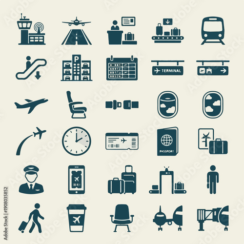 Airport Travel Icons Set: Aviation, Tourism, and Transportation Symbols