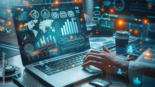 Professional analyzing live global data streams on laptop, digital dashboard, business, tech workspace, futuristic analytics interface.