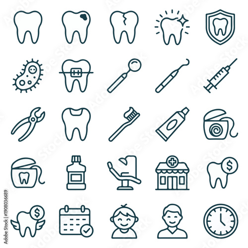 Dentistry, dental care, oral health, and hygiene line icons set