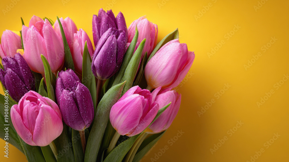 Obraz premium A bouquet of pink tulips on a yellow background. Background of spring flowers for card for the holiday.