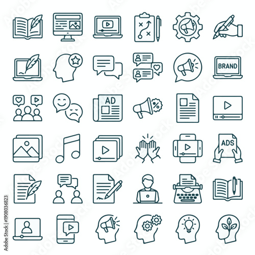 Digital Marketing, Content Creation, and Business Strategy Line Icons Set