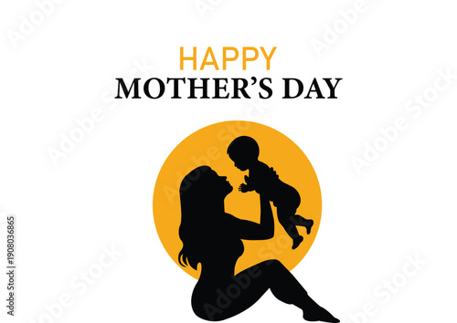 Happy Mothers Day silhouette of mother holding baby with circular background design