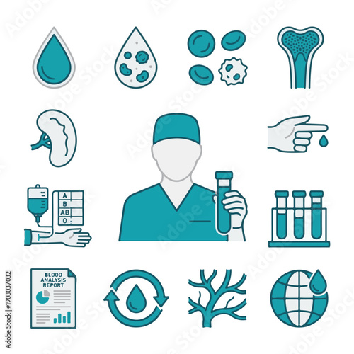 Blood Analysis and Medical Science Icons Set for Healthcare Diagnostics