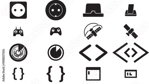 Set of 16 Black Technology and Coding Icons Vector