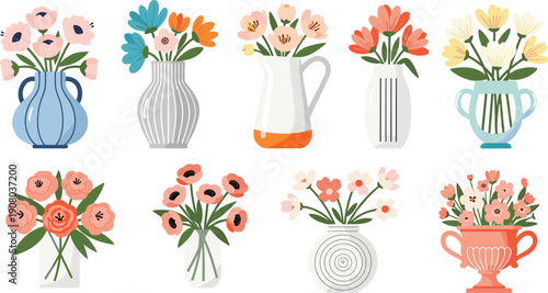 Flower vase collection set with colorful spring floral bouquets in ceramic pots for interior decoration, cad drawing flat vector illustration