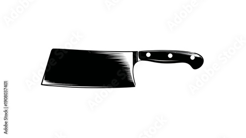 A monochrome illustration of a butcher knife, cleaver type. It is a large, sharp-bladed tool