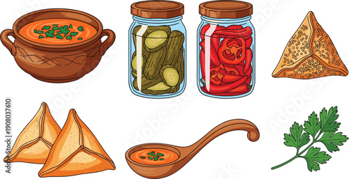 Hand drawn vector set of traditional vegetable soup in clay pot, pickled cucumbers, chili peppers, savory pastries, and fresh parsley.