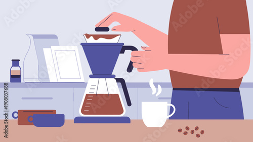 person brewing pour-over coffee using a manual dripper at home slow coffee preparation and daily routine 