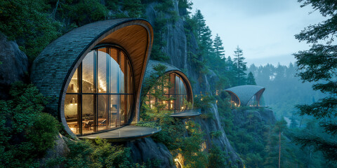 futuristic eco friendly house in water drop shape integrated into forest nature with sustainable architecture and glass windows
