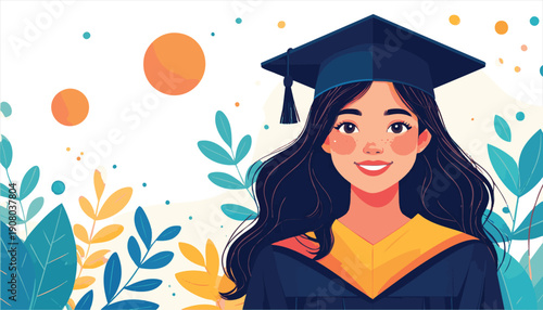 vector Young Woman Wearing Graduation Cap and Gown