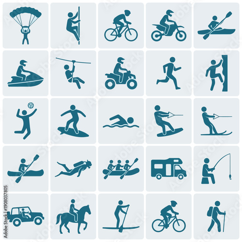 Outdoor Adventure Sports and Recreational Activities Icon Set