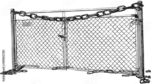 A black and white illustration of a chain link fence with a locked gate and a chain