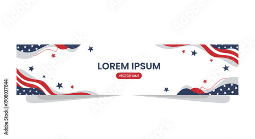 American flag banner template with red, white, and blue waves and stars, for Independence Day or patriotic celebration, isolated on transparent background, png
