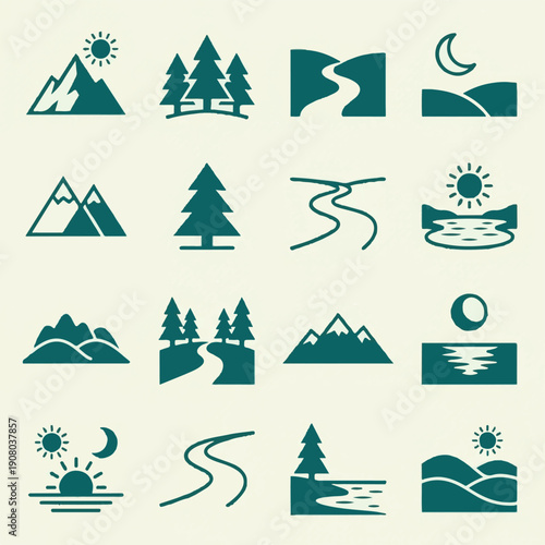Minimalist Nature and Landscape Icons Set for Outdoor Scenery