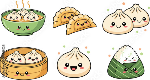 Cute kawaii dim sum set with smiling dumplings, bao buns, gyoza, and zongzi rice, vector illustration.