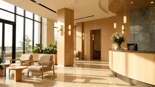 Contemporary hotel lobby with a bright reception desk, inviting seating, and large windows. Modern design creates a welcoming and luxurious space for guests