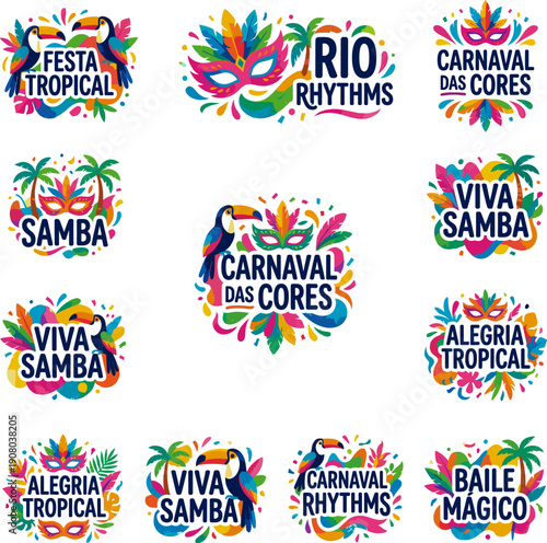 Brazilian Carnival and tropical party celebration emblems with masks, feathers, and toucans, f