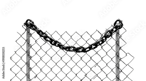 Black and white image of a chain and chain-link fence on a white background