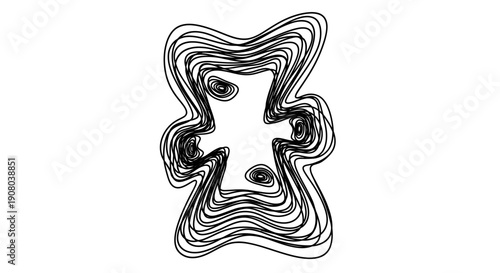 A black and white abstract illustration with swirling lines and shapes