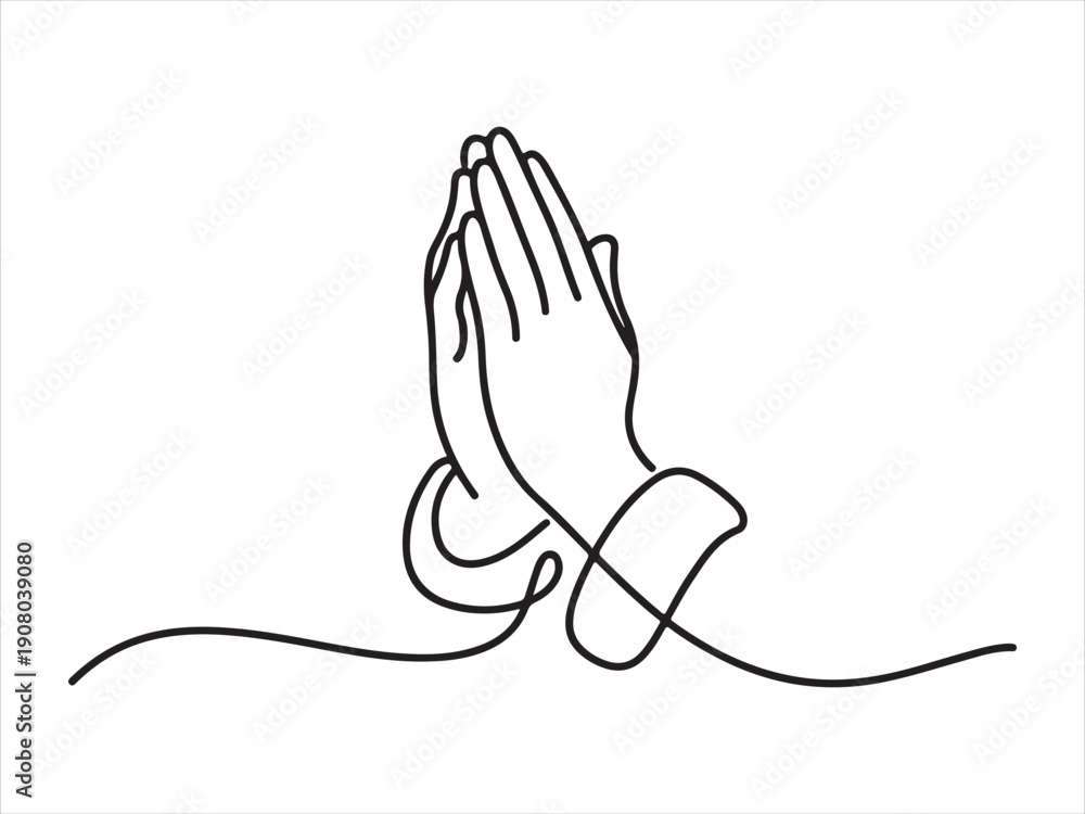 Fototapeta premium A minimalist one line drawing of human praying hands vector, One continuous single drawing line art doodle hand, religion, prayer, religious, holy, pray flat illustration on a white background