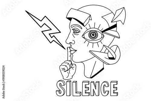 A black and white illustration of a person with a finger on their lips and the word silence below them