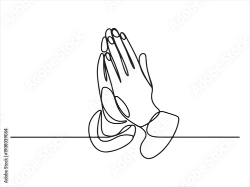 A minimalist one line drawing of human praying hands vector, One continuous single drawing line art doodle hand, religion, prayer, religious, holy, pray flat illustration  on a white background