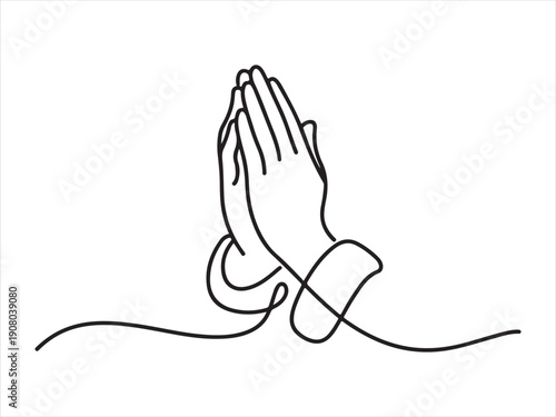A minimalist one line drawing of human praying hands vector, One continuous single drawing line art doodle hand, religion, prayer, religious, holy, pray flat illustration  on a white background