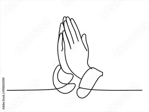 A minimalist one line drawing of human praying hands vector, One continuous single drawing line art doodle hand, religion, prayer, religious, holy, pray flat illustration  on a white background